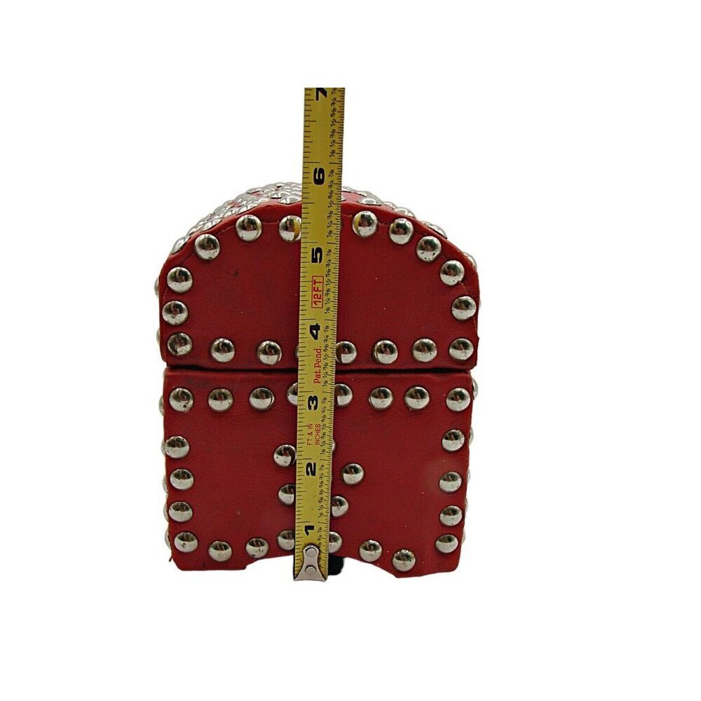 Red Leather Silver Stud Jewelry Trinket Trunk Box 6" Fashion Storage Box No Key - Picture 10 of 12